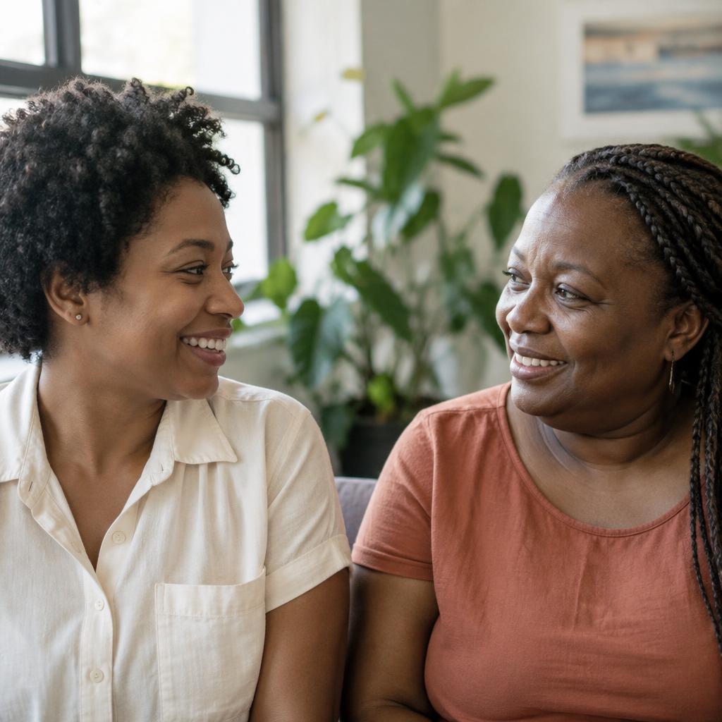 Two women smiling and talking in a welcoming community space